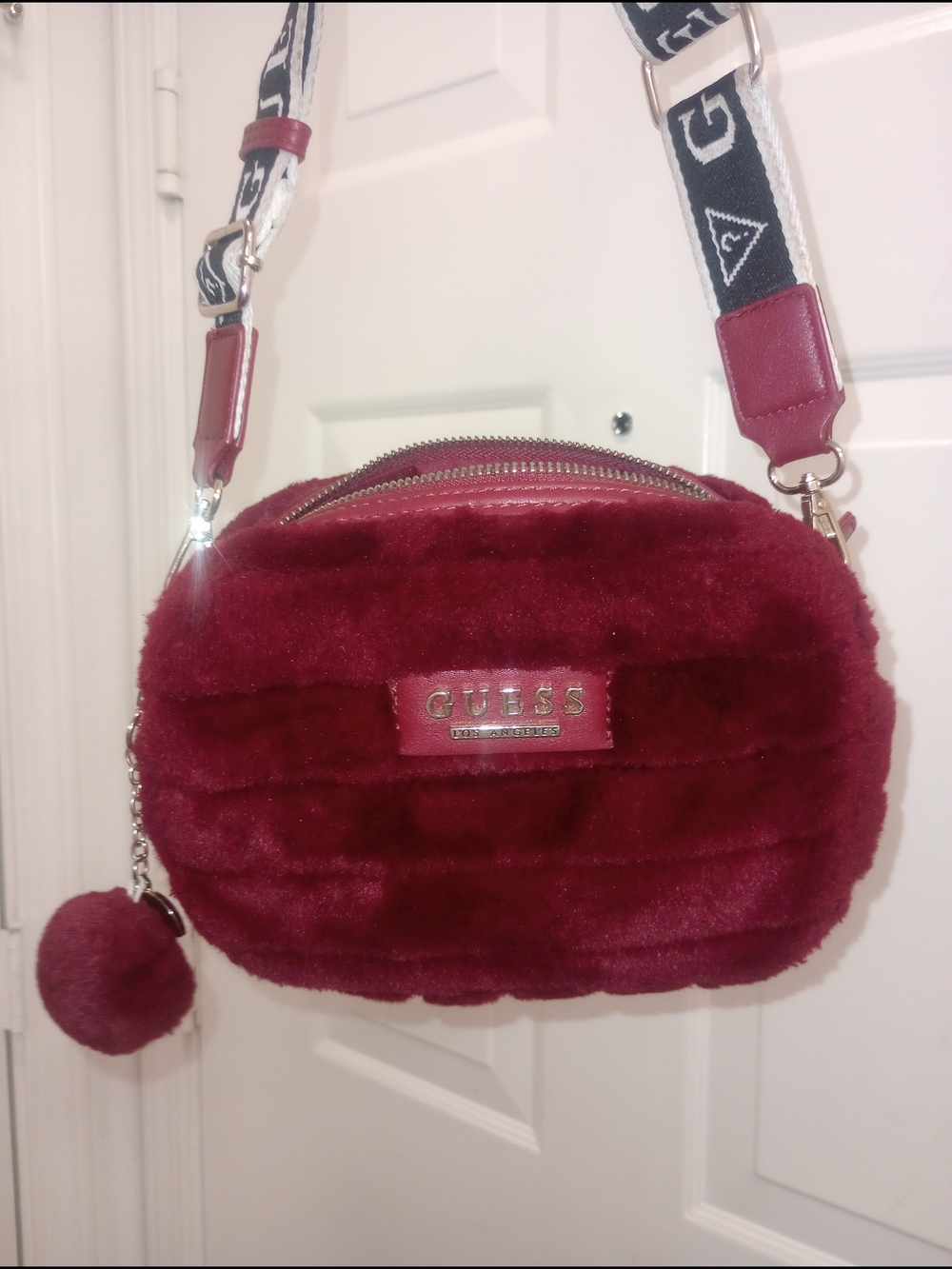 GUESS Burgundy Faux-Fur Crossbody Bag With Pom "?" Mark Bag Charm